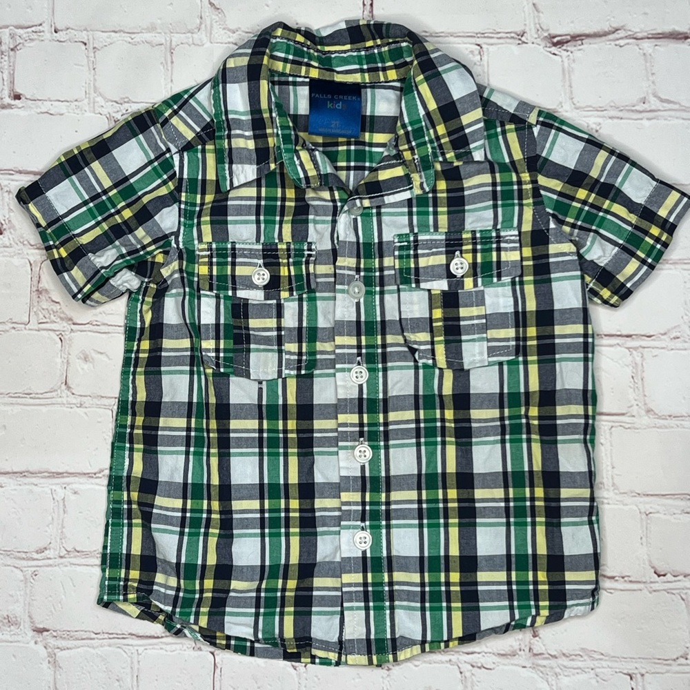 Toddler short sleeve green and yellow plaid button down shirt